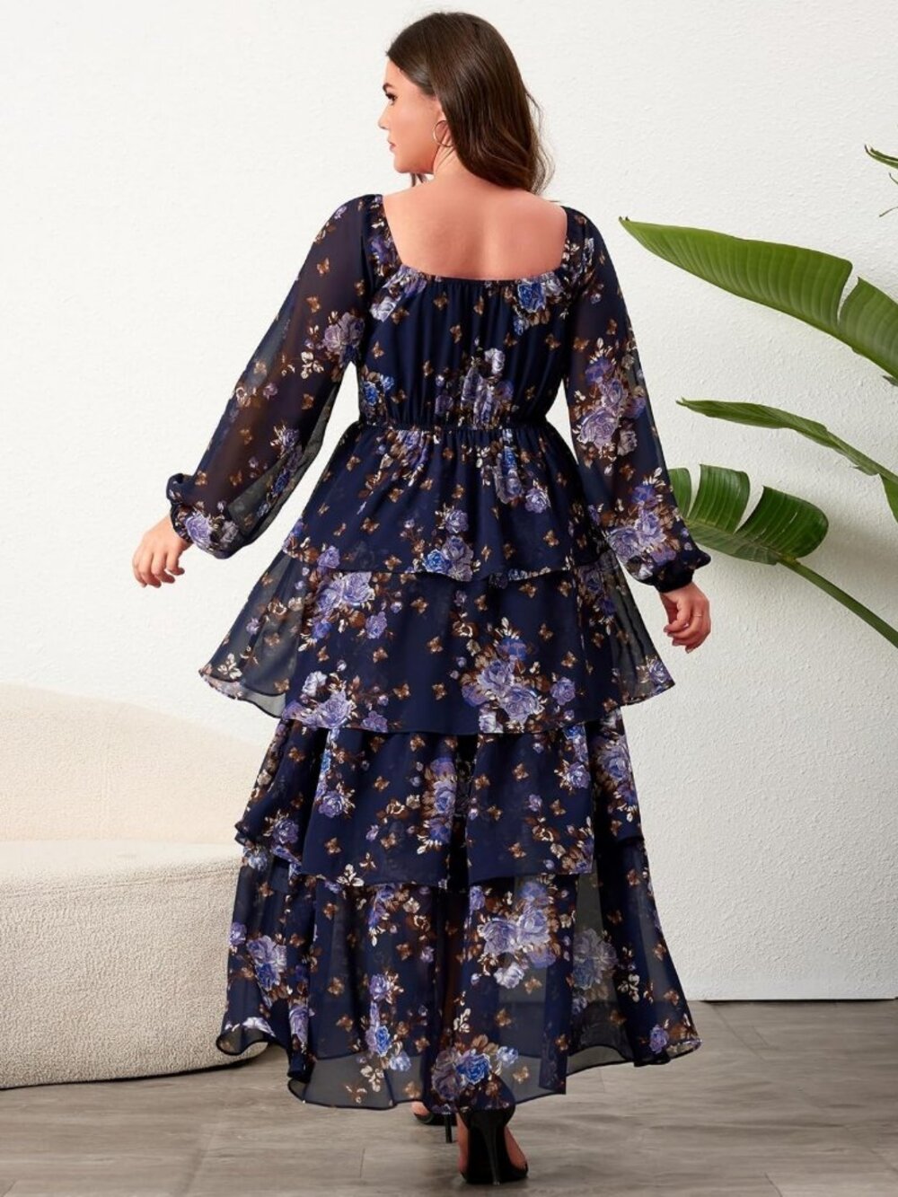Plus Size Floral Tiered Long Sleeve Dress for Wedding Guests & Semi-Formal - Picture 6 of 8